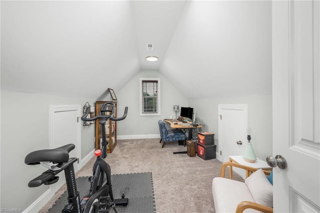 385 Apache Dr, Winston-Salem, NC 27107 - exercise area featuring carpet flooring, vaulted ceiling, and baseboards