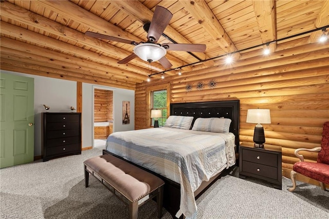 carpeted bedroom featuring log walls, beamed ceiling, ceiling fan, and wooden ceiling