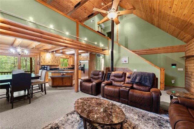 carpeted living room with wood ceiling, lofted ceiling, and ceiling fan with notable chandelier