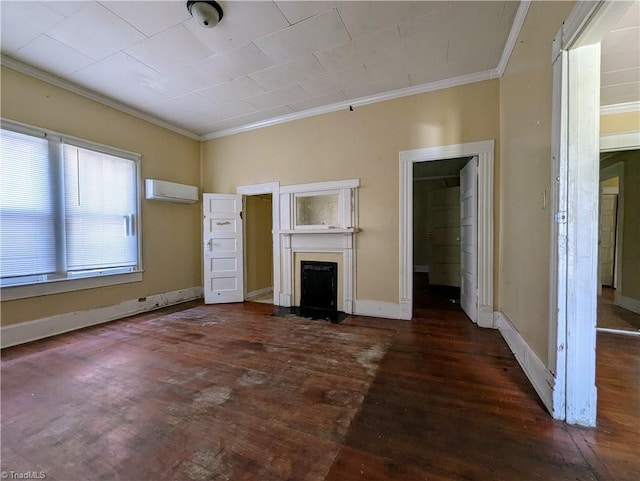 423 Tate St, High Point, NC 27260 - unfurnished living room with crown molding, hardwood / wood-style flooring, a wall unit AC, and a fireplace with flush hearth