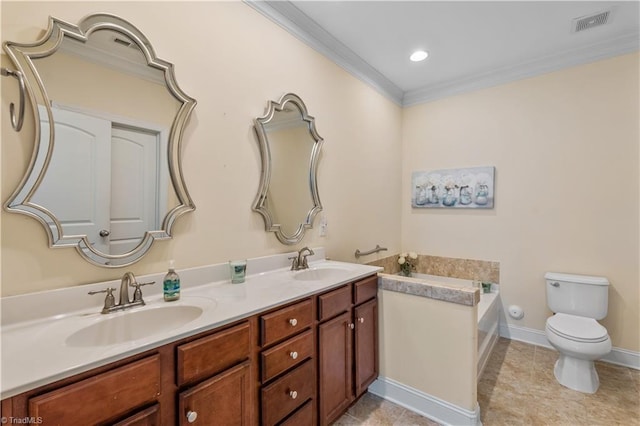 full bath featuring visible vents, ornamental molding, a sink, and toilet