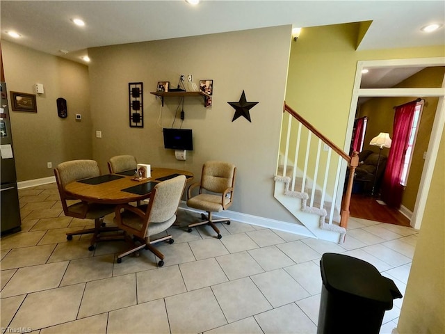 dining area with recessed lighting, stairway, tile patterned floors, and baseboards
