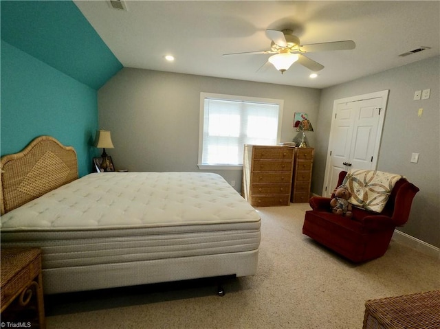 carpeted bedroom with a ceiling fan, recessed lighting, and baseboards