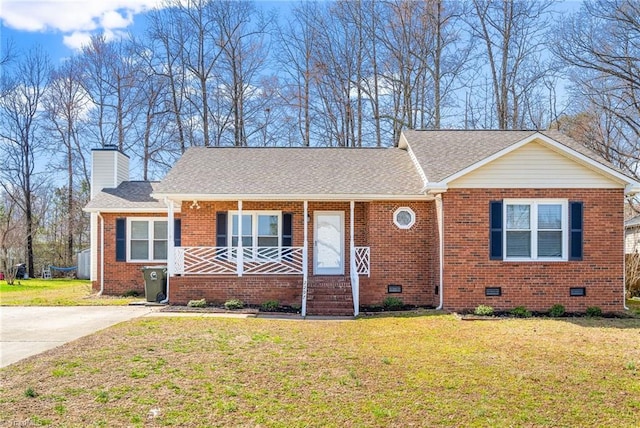 ranch-style home with brick siding, a chimney, a porch, crawl space, and a front lawn