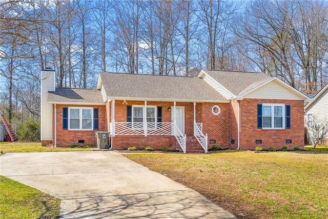 single story home featuring a porch, crawl space, a front lawn, and brick siding