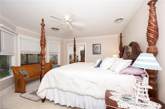 bedroom featuring ornamental molding, ceiling fan, and carpet flooring