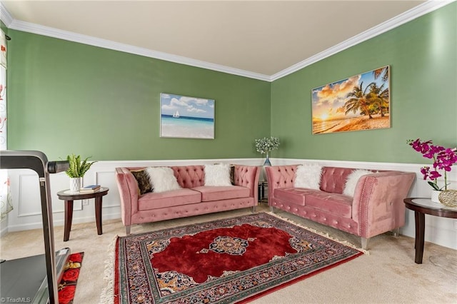 carpeted living area featuring crown molding