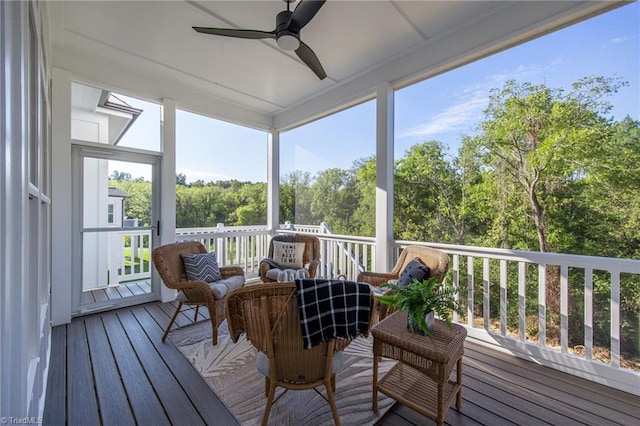 sunroom with a wealth of natural light and ceiling fan