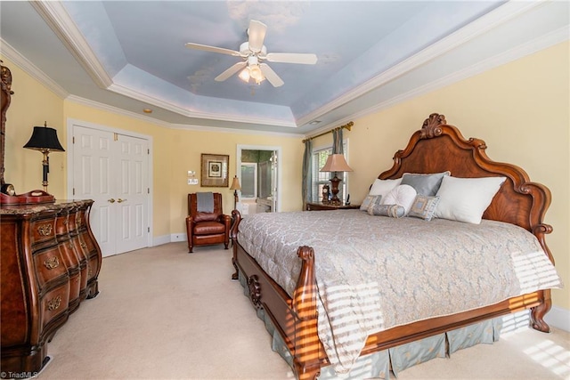 221 Oakmont Park Ct, Kernersville, NC 27284 - bedroom featuring a raised ceiling, light colored carpet, crown molding, baseboards, and ceiling fan