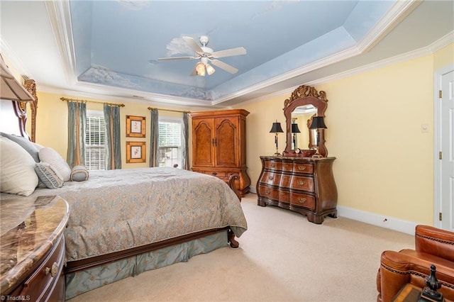 221 Oakmont Park Ct, Kernersville, NC 27284 - bedroom with a tray ceiling, carpet flooring, crown molding, ceiling fan, and baseboards