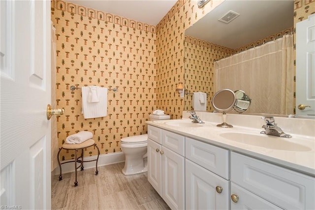221 Oakmont Park Ct, Kernersville, NC 27284 - full bathroom featuring wallpapered walls, toilet, baseboards, double vanity, and a shower with shower curtain