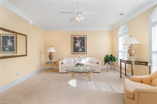 221 Oakmont Park Ct, Kernersville, NC 27284 - living room with ornamental molding, carpet flooring, baseboards, and a ceiling fan