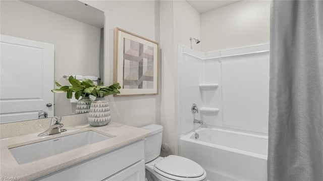 full bathroom with vanity, shower / bath combination with curtain, and toilet