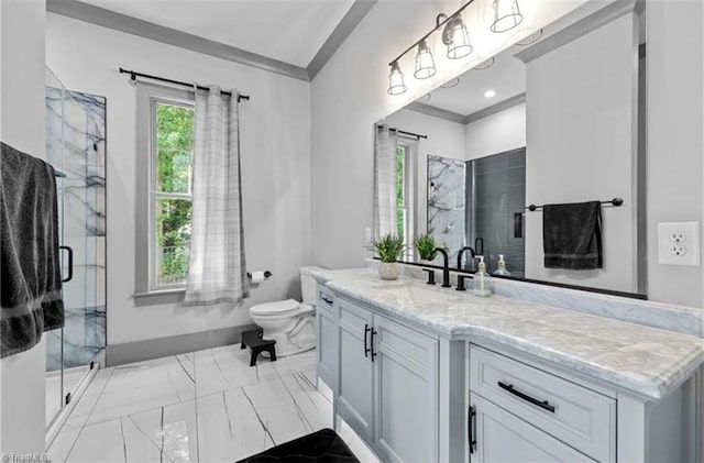 bathroom featuring vanity, ornamental molding, a shower with door, and toilet