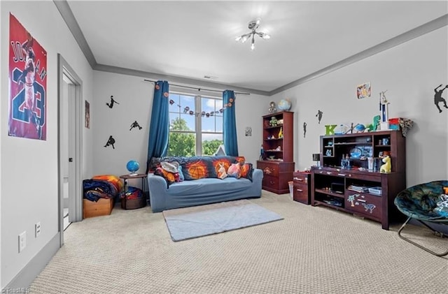 living room with crown molding and carpet flooring