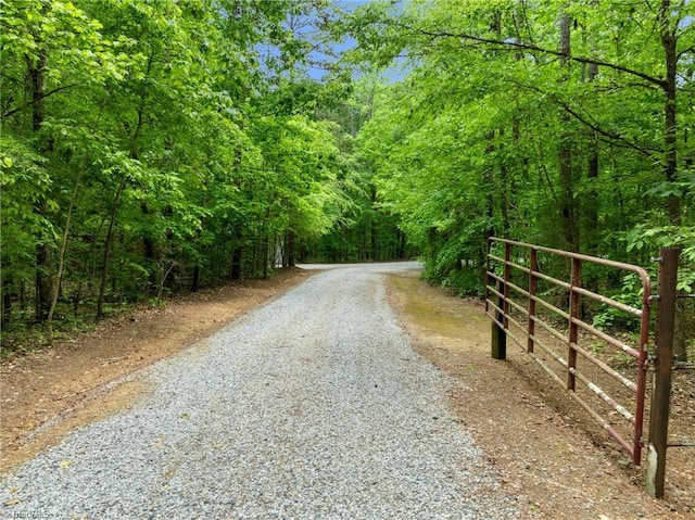 view of street featuring a forest view