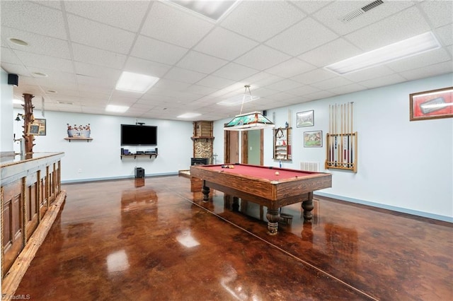 rec room featuring visible vents, billiards, finished concrete floors, and a drop ceiling