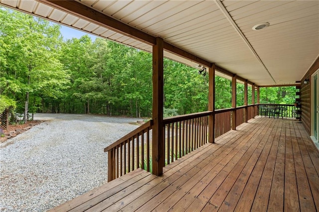 wooden deck with a wooded view