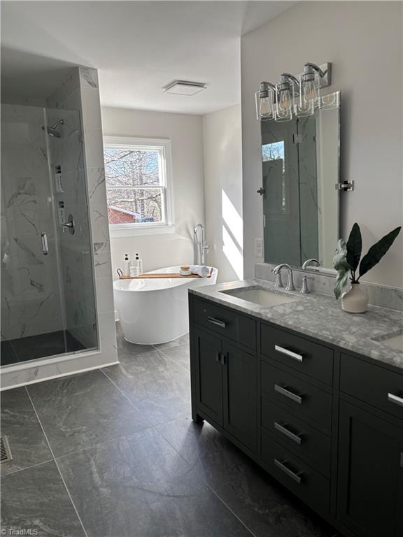 bathroom with vanity and plus walk in shower