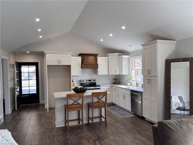 kitchen with white cabinetry, appliances with stainless steel finishes, custom exhaust hood, and a kitchen island