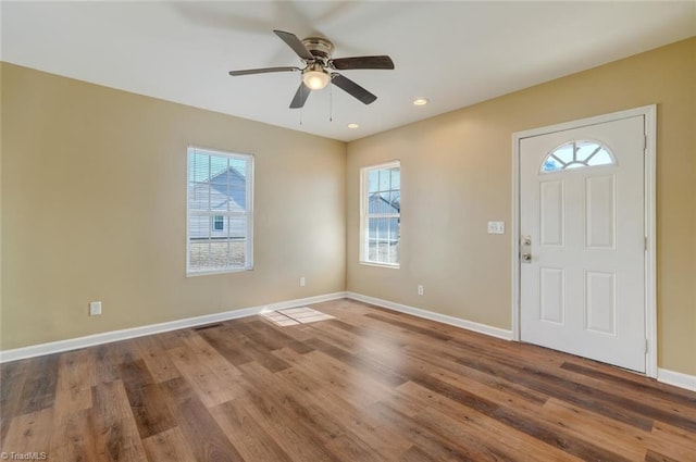 foyer featuring dark hardwood / wood-style floors, a wealth of natural light, and ceiling fan