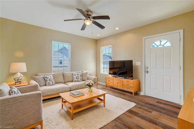 living room featuring ceiling fan and hardwood / wood-style floors