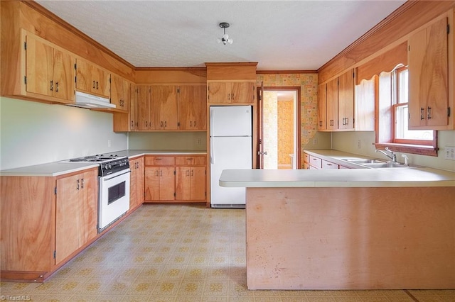 kitchen with sink, kitchen peninsula, extractor fan, white appliances, and ornamental molding