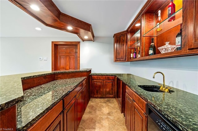 indoor wet bar with dishwashing machine, recessed lighting, and light tile patterned flooring