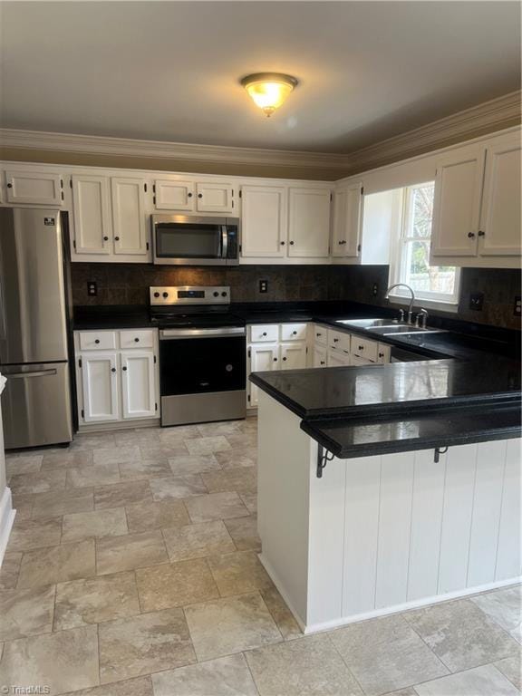 kitchen with a sink, dark countertops, backsplash, appliances with stainless steel finishes, and crown molding