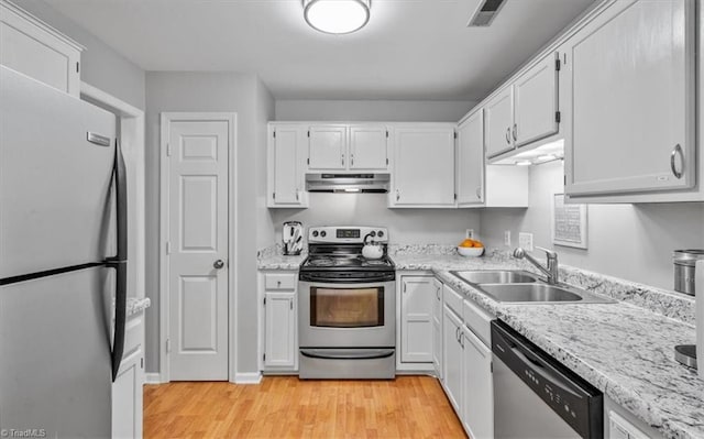 kitchen featuring appliances with stainless steel finishes, sink, white cabinets, light stone counters, and light hardwood / wood-style floors