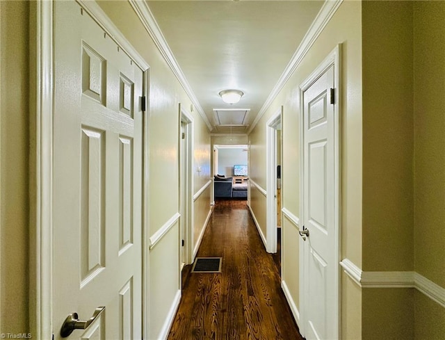 2025 Pope Rd, Winston-Salem, NC 27127 - corridor with attic access, dark wood-type flooring, and crown molding