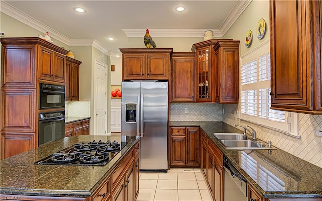 kitchen featuring black appliances, ornamental molding, sink, light tile patterned floors, and backsplash