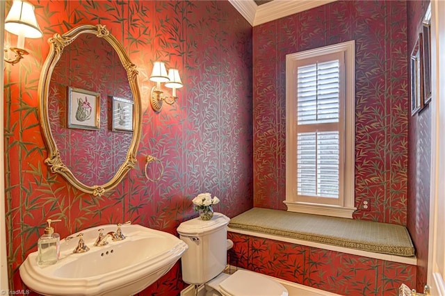 bathroom featuring a healthy amount of sunlight, sink, ornamental molding, and toilet