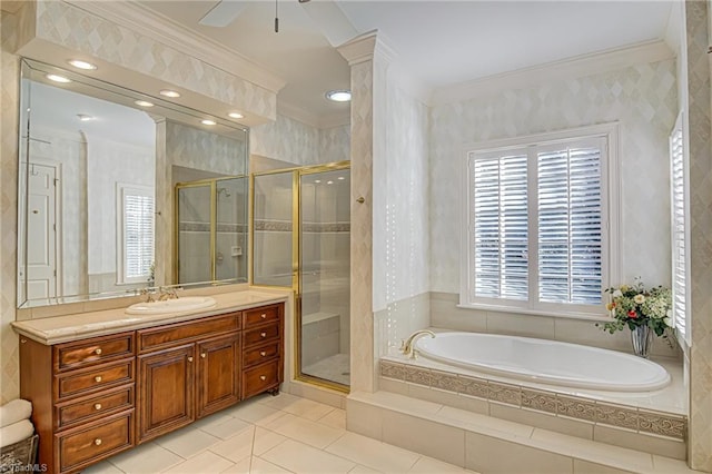 bathroom featuring vanity, tile patterned floors, ceiling fan, and plenty of natural light