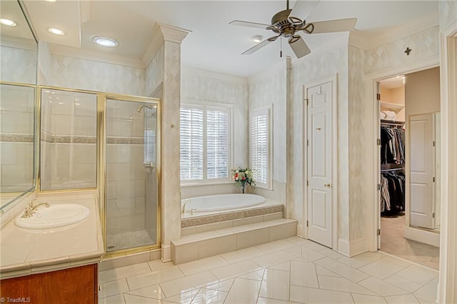 bathroom featuring independent shower and bath, tile patterned floors, crown molding, and ceiling fan