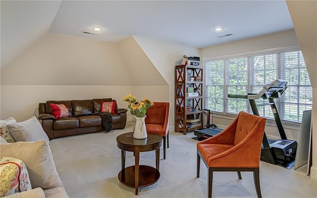 carpeted living room with lofted ceiling