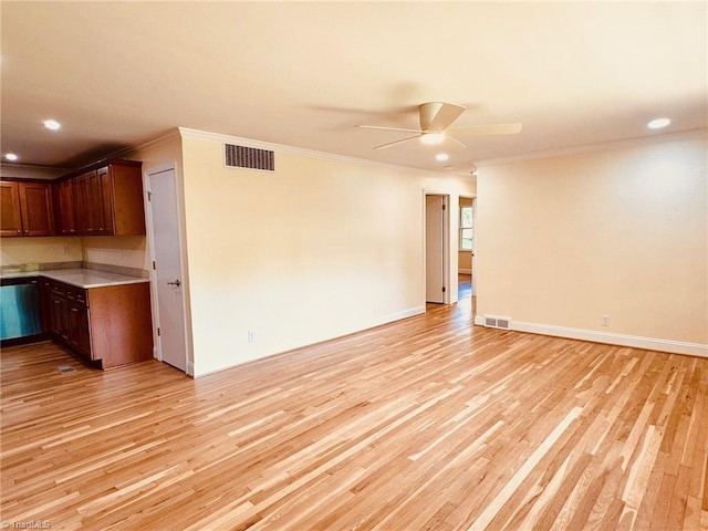 5670 Plantation Dr, Winston-Salem, NC 27105 - unfurnished living room with crown molding, light wood-style floors, ceiling fan, recessed lighting, and baseboards