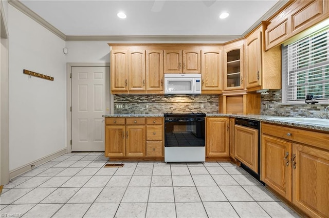 kitchen featuring white appliances, crown molding, decorative backsplash, and light stone counters