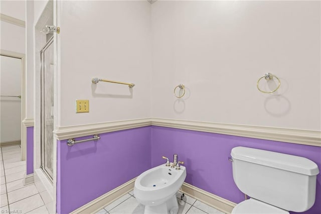 bathroom featuring a shower with door, a bidet, toilet, and tile patterned flooring