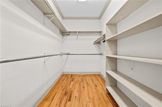 walk in closet with light hardwood / wood-style flooring