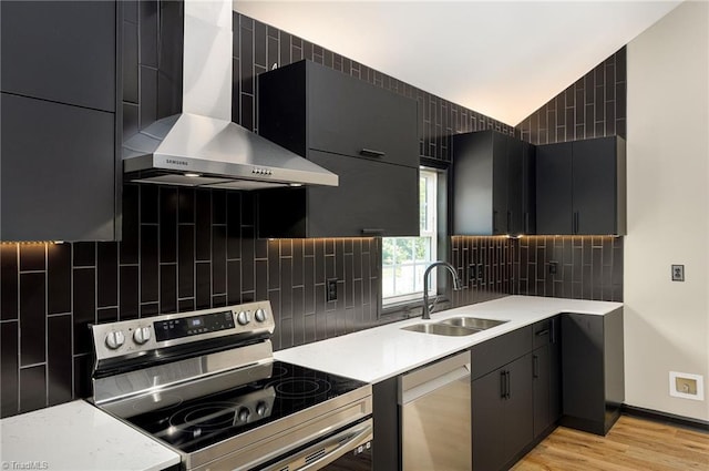 6376 Welborn Rd, Trinity, NC 27370 - kitchen featuring appliances with stainless steel finishes, wall chimney range hood, light countertops, backsplash, and light wood-style flooring
