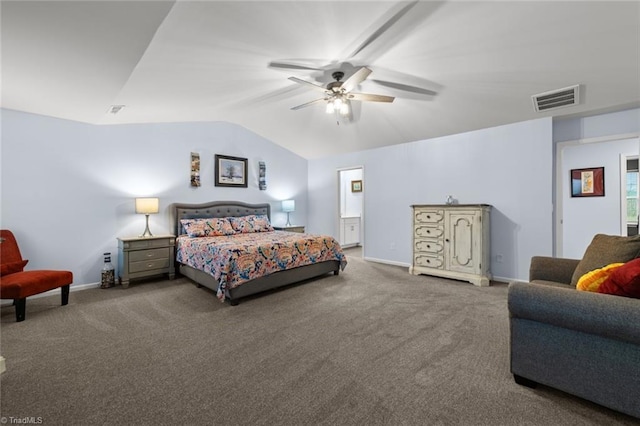 carpeted bedroom with baseboards, visible vents, connected bathroom, lofted ceiling, and ceiling fan