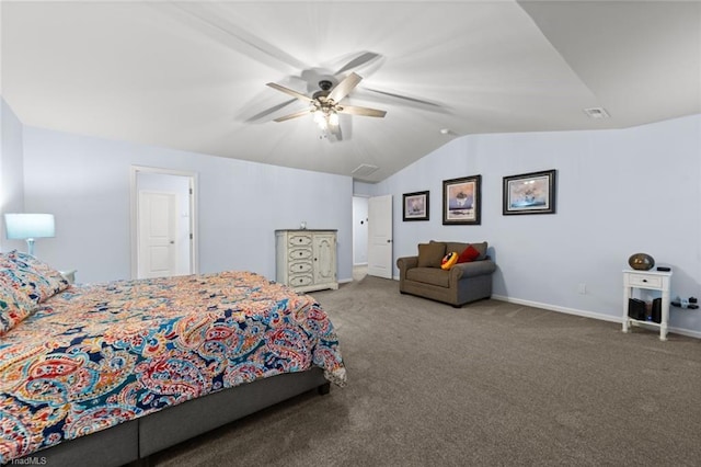 bedroom featuring lofted ceiling, visible vents, a ceiling fan, carpet flooring, and baseboards