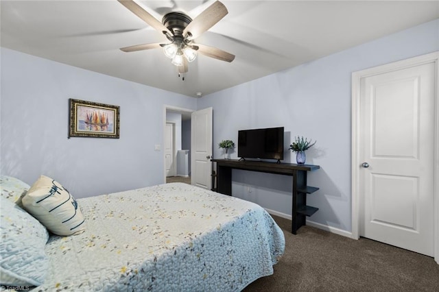 carpeted bedroom with baseboards and a ceiling fan