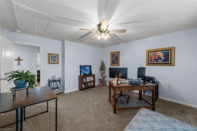 office featuring attic access, carpet floors, and baseboards