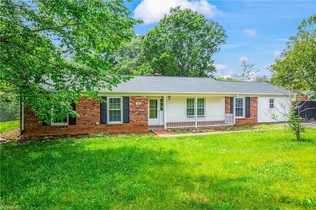 single story home with brick siding, a front lawn, and covered porch