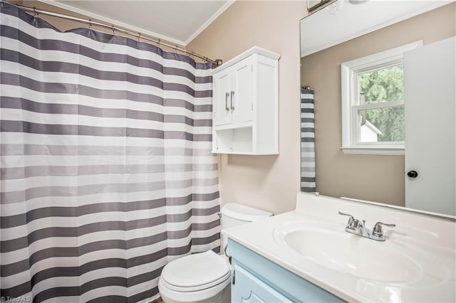 bathroom featuring crown molding, a shower with curtain, toilet, and vanity
