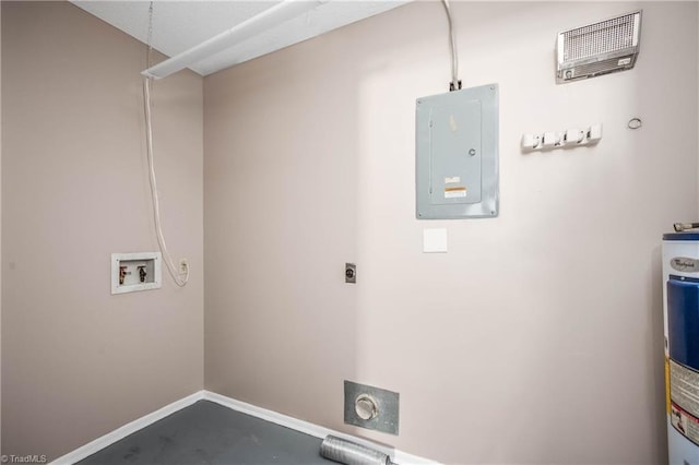 laundry room with hookup for an electric dryer, laundry area, electric panel, baseboards, and hookup for a washing machine