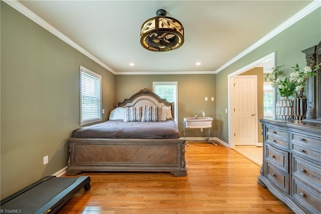 3289 Tobaccoville Rd, Tobaccoville, NC 27050 - bedroom with light wood-style flooring, crown molding, baseboards, and recessed lighting