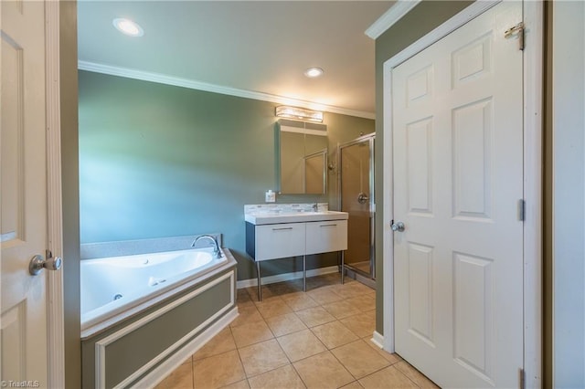 3289 Tobaccoville Rd, Tobaccoville, NC 27050 - bathroom with vanity, ornamental molding, tile patterned flooring, a shower stall, and a garden tub